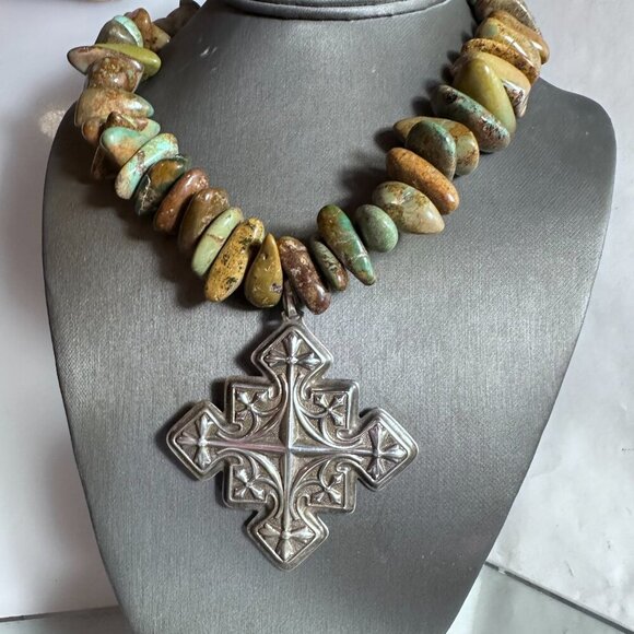Crescent Valley Turquoise Choker Necklace Sterling Silver Maltese Cross 925 - Picture 5 of 10